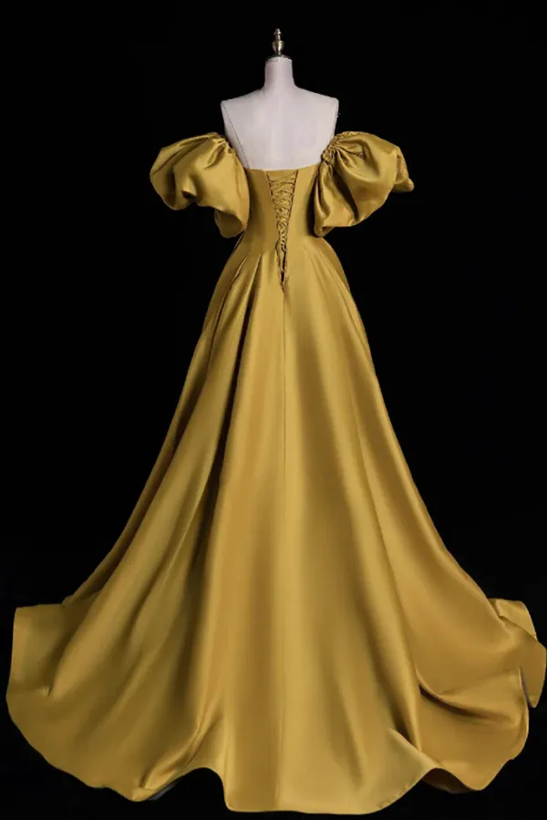 A Line Sweetheart Neck Satin Gold Long Prom Dress, Gold Long Formal Dress APP0979