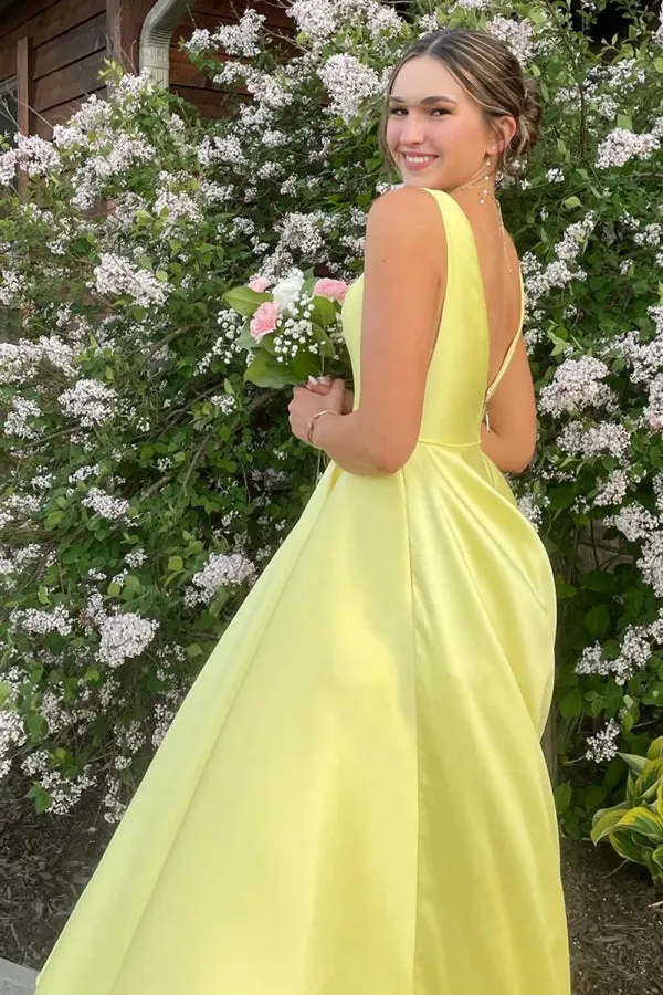 A-Line Yellow Straps Satin Long Prom Dress Party Dress TP1396