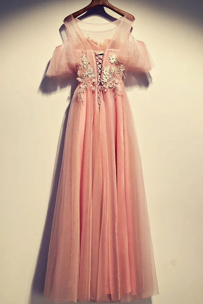 Beautiful Dark Pink Tulle Long Formal Dress , Off Shoulder with Straps Party Dress