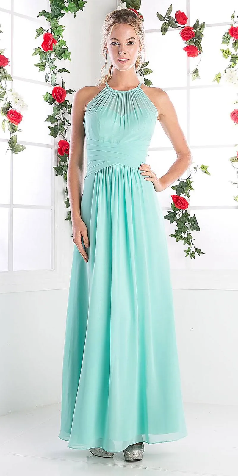 Cinderella Divine CH1501 Halter Overlay Long Bridesmaid Dress Chiffon