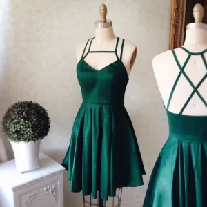 Cute A-line Short Green Satin Backless Inexpensive Prom Dress Homecoming Dress Online
