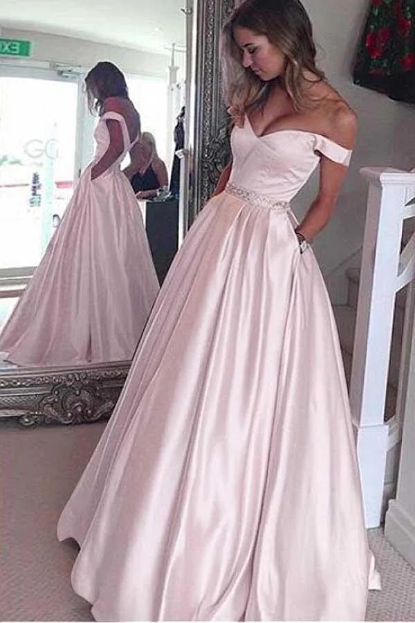 Elegant Satin Off-the-shoulder Neckline A-Line Prom Dresses With Beading PG503