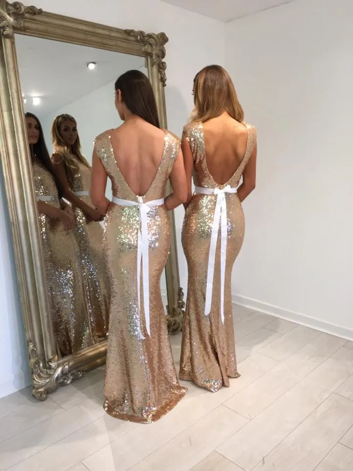 Elegant Sequins Open Back Bridesmaid Dress for Wedding