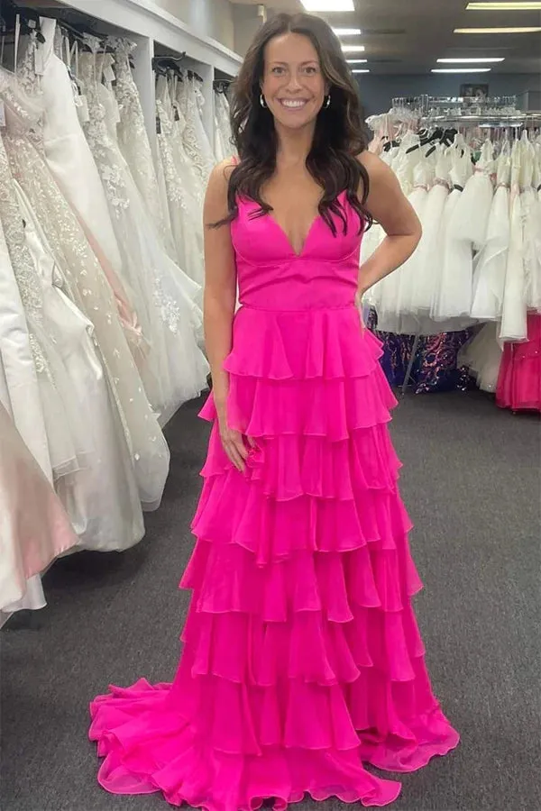 Fuchsia V-Neck Straps Ruffle Chiffon Prom Dress with Slit TP1278