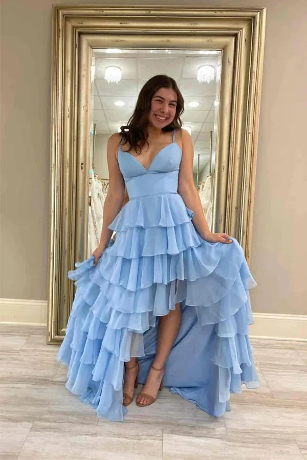 Fuchsia V-Neck Straps Ruffle Chiffon Prom Dress with Slit TP1278