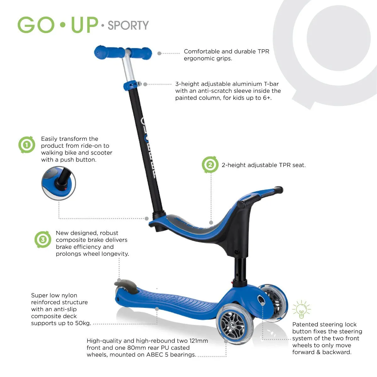 Globber GO UP Sporty Toddler Scooter With Seat - Lime Green