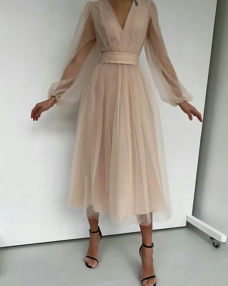 Graduation dress Short A Line Prom Dresses V Neck Long Puff Sleeve Tulle Formal Wedding Evening Party Dresses For Graduation    fg2856