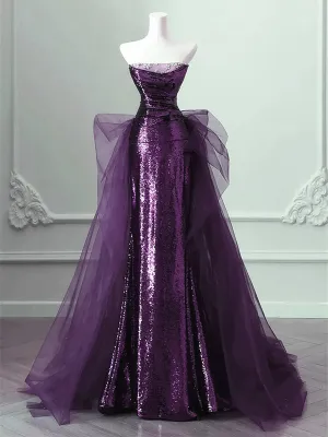 Purple A-line Sequins and Tulle Long Party Dress, Purple Beaded Formal Dress