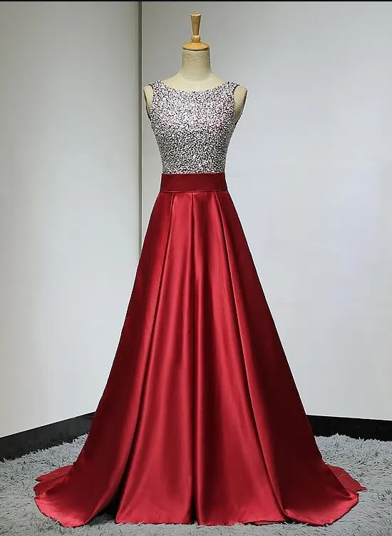 Red Sequins Beaded Backless Long Formal Dress, Red Party Dress