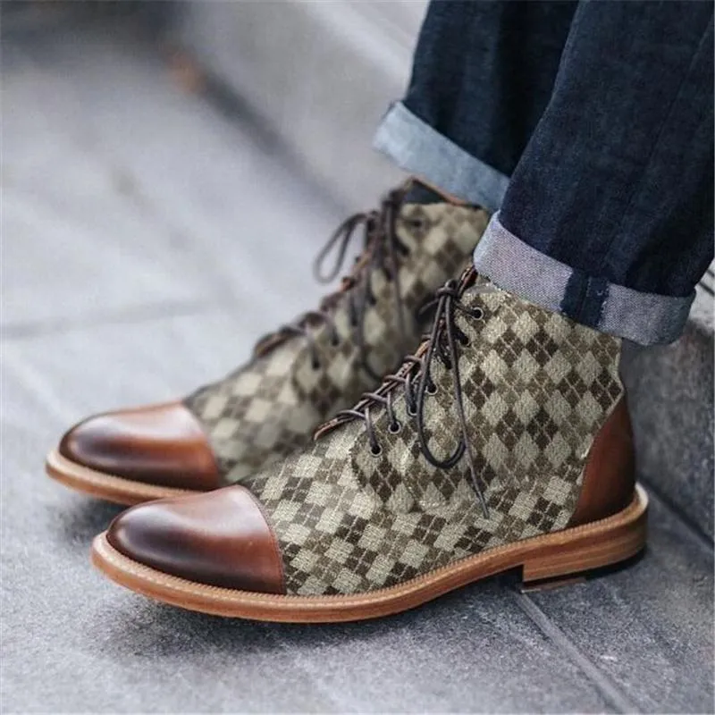 Stylish Texture Printed Hit Color Laced Mens Boots