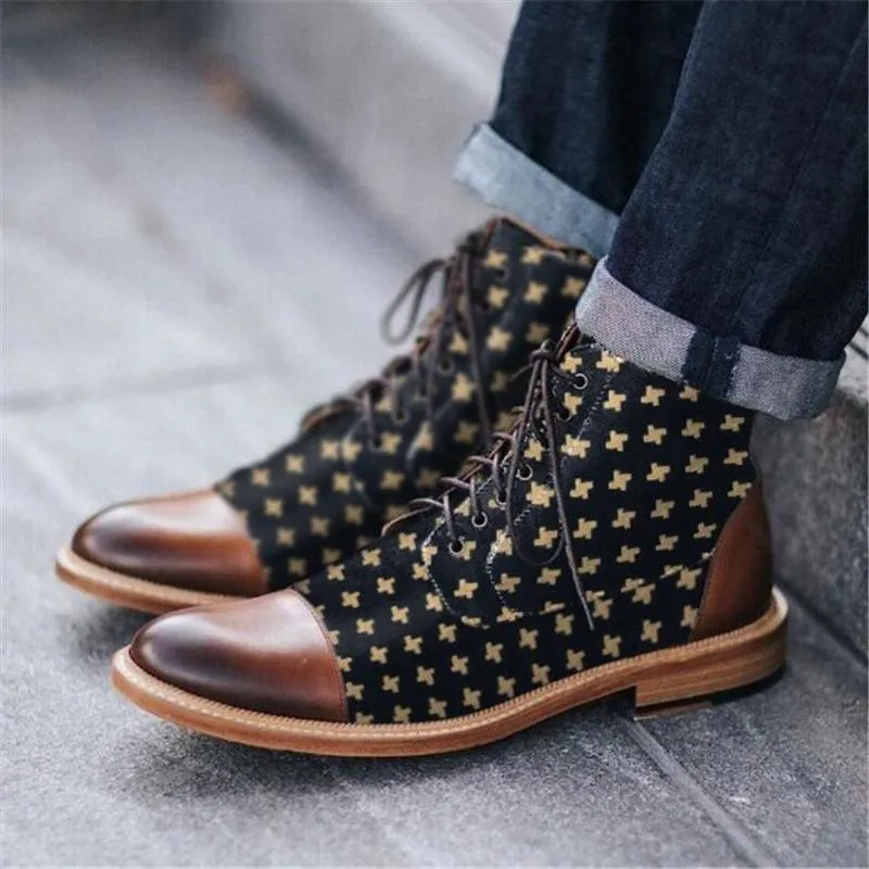 Stylish Texture Printed Hit Color Laced Mens Boots