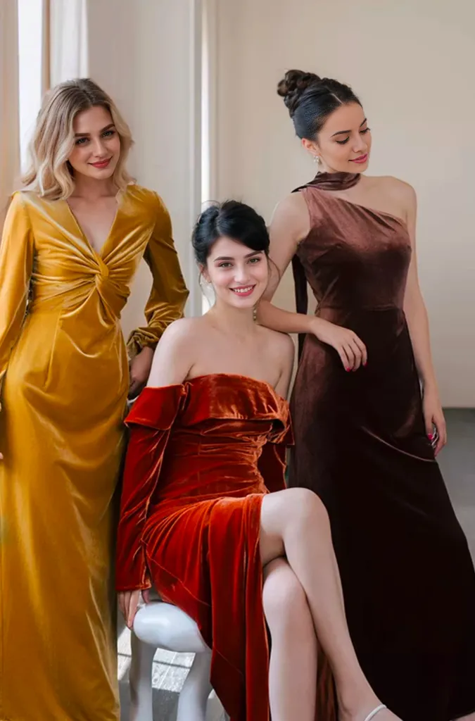 V-neck Long Sleeve Velvet Evening Gown with Knotted Front Detail
