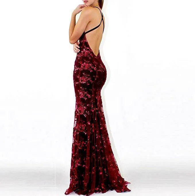 V-Neck Mermaid Sequined Lace Spaghetti Straps Backless Long Prom Dresses TP0878